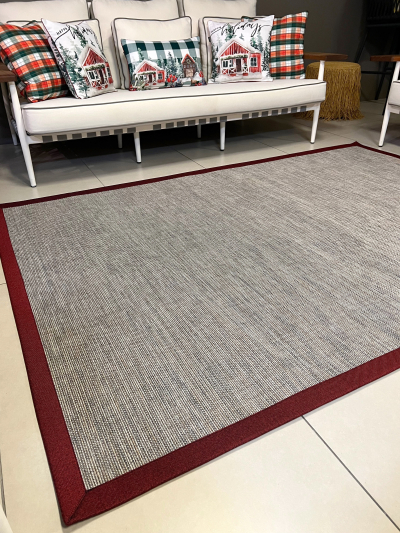 Sisal İç ve Dış Mekan Kullanıma Uygun Dokuma Gri Halı Bordo Bordürlü 4025/15